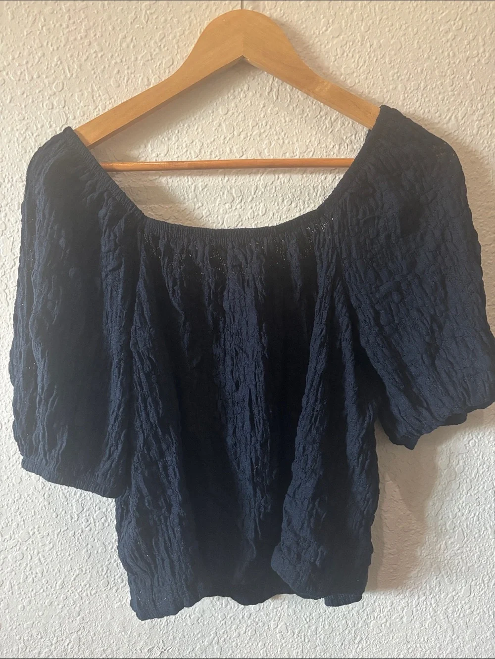 Women's Navy Peasant Blouse - Soft Plush Lace Top